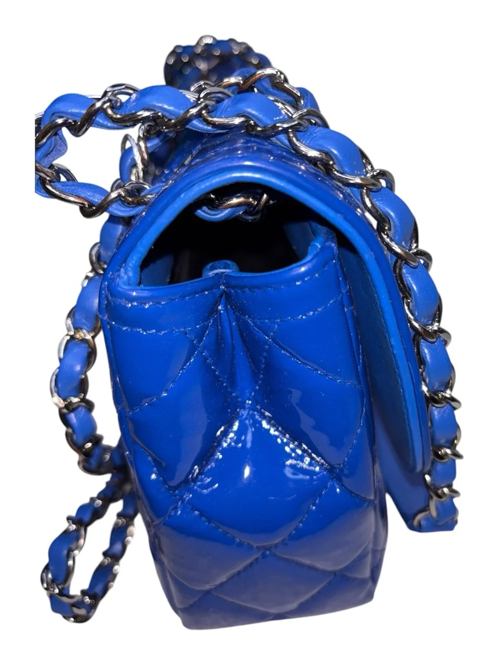 Chanel Timeless Classique Blue Patent Leather Flap Bag Silver Hardware